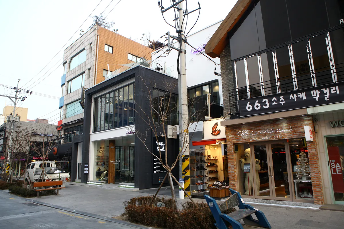 Modern storefronts on Apgujeong Rodeo street near Cheongdam shopping route