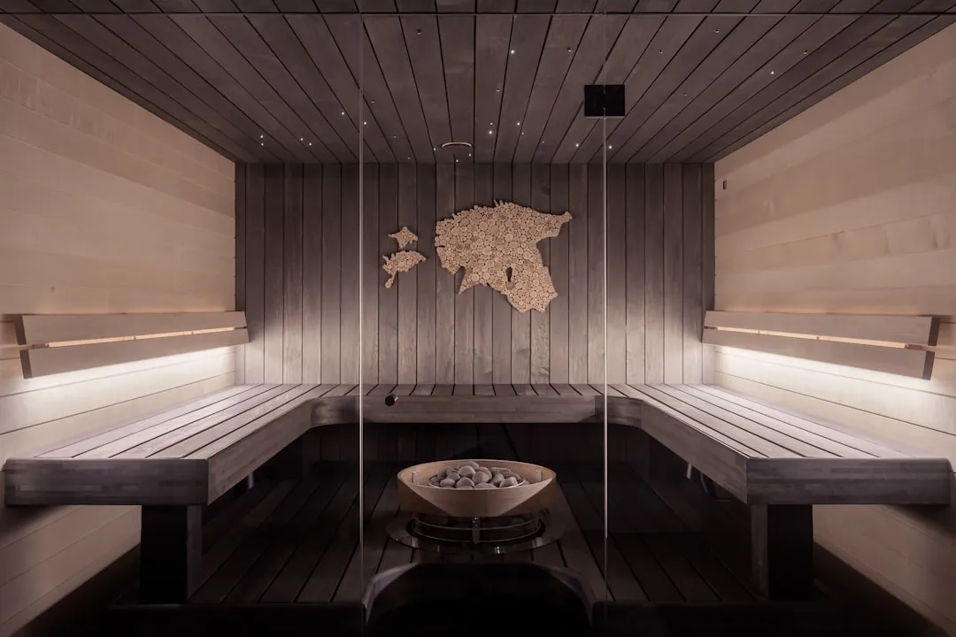 Illustrative gray-toned sauna with benches and a central heater; not Aquafield Goyang