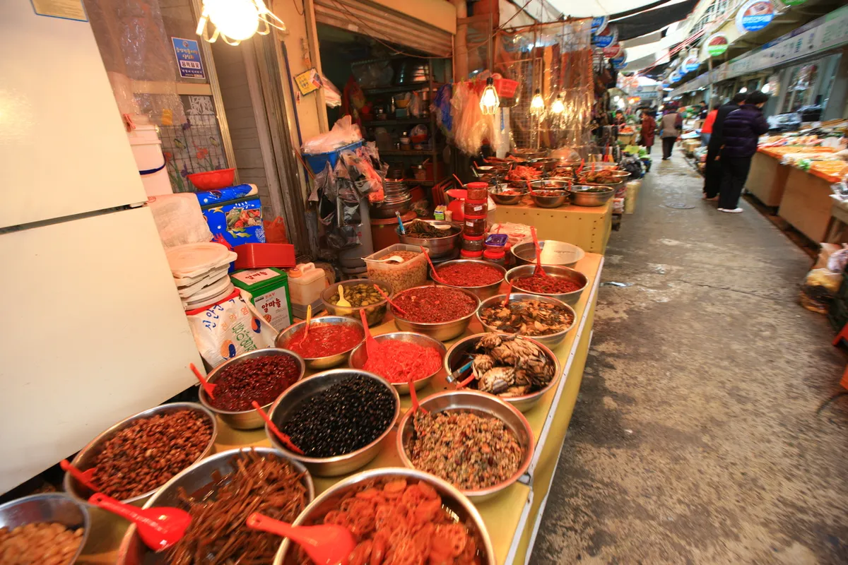 Market display of Korean banchan and jeotgal side dishes