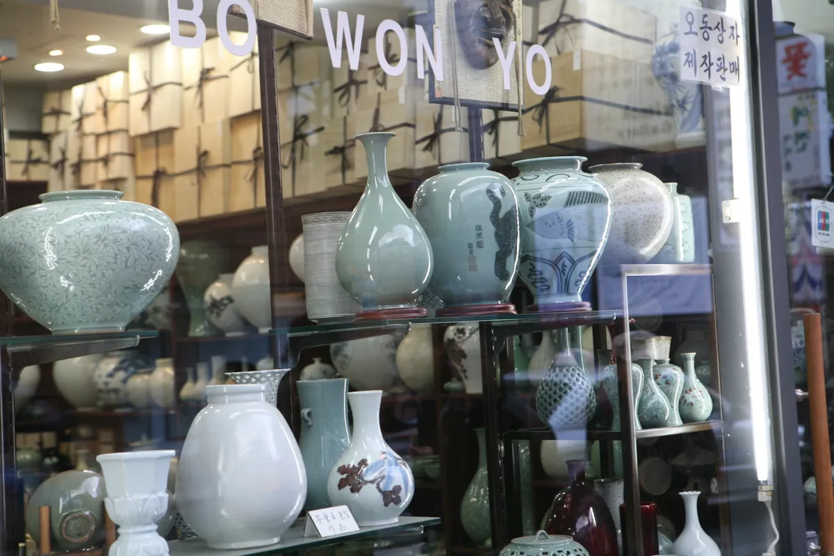 Ceramic vases displayed in an Insadong shop for traditional Korea souvenirs