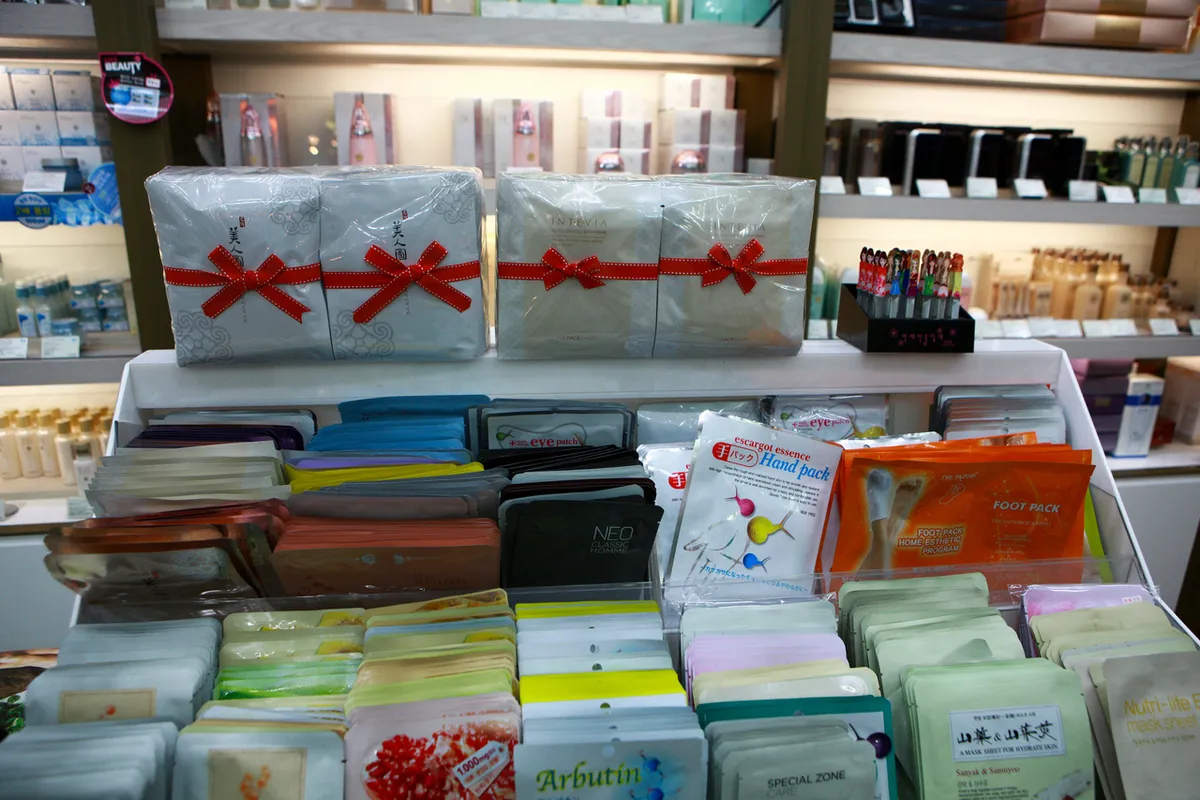 Cosmetics and small gift items displayed at Namdaemun Market for Korea shopping