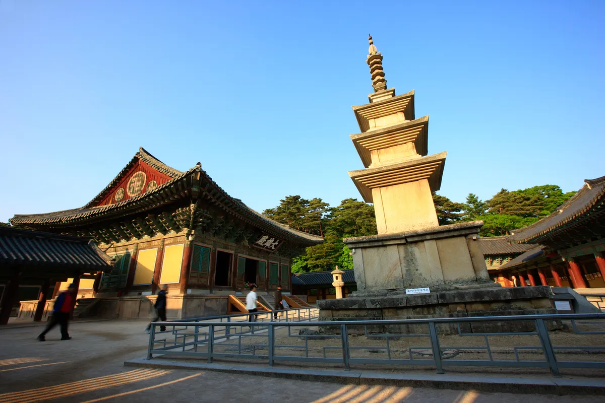 Stone pagoda and main hall courtyard at Bulguksa Temple in Gyeongju