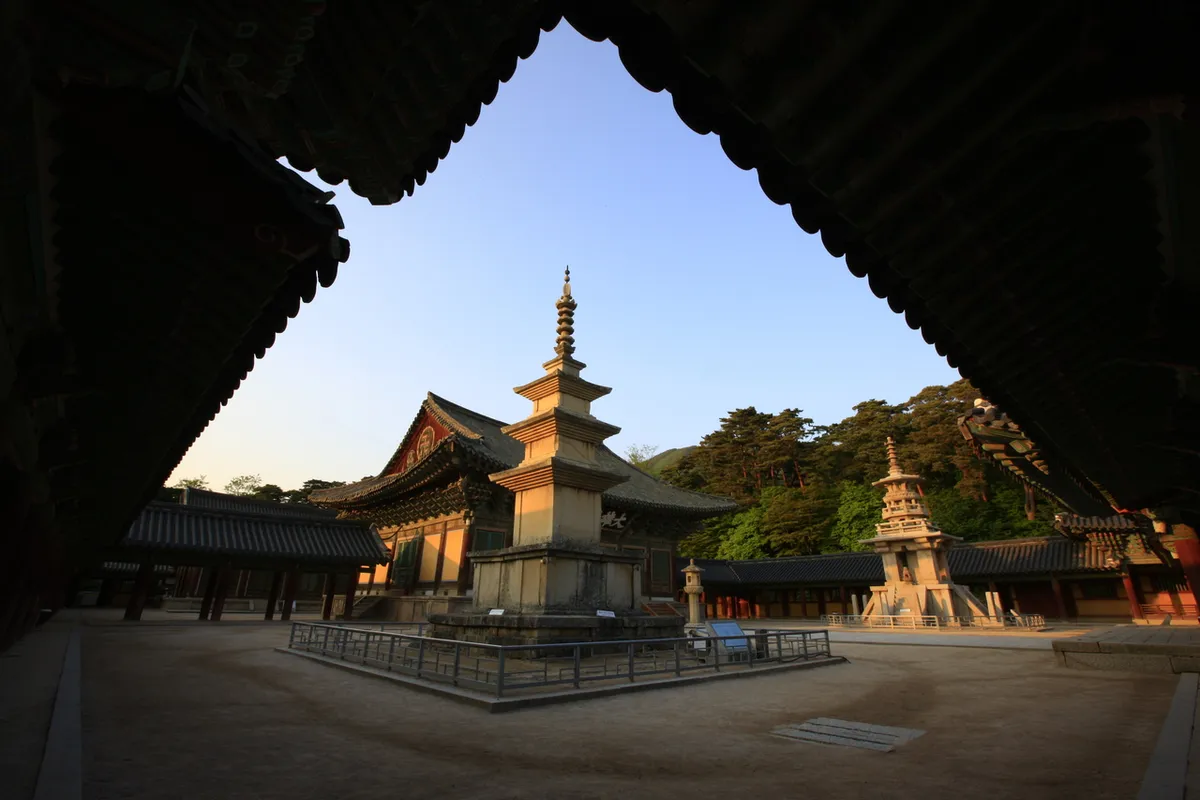 Pagodas framed by temple roof eaves at Bulguksa Temple Gyeongju