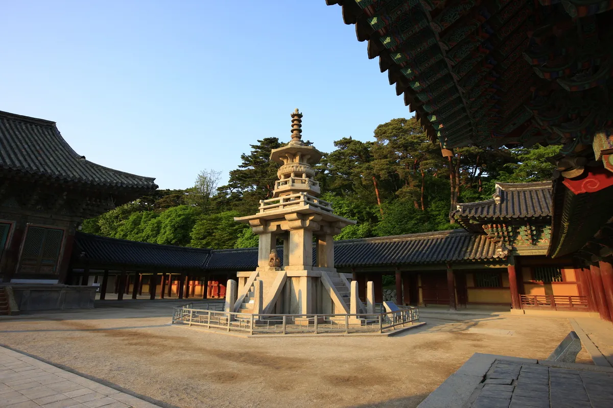 Stone pagoda courtyard and temple eaves at Bulguksa Temple in Gyeongju
