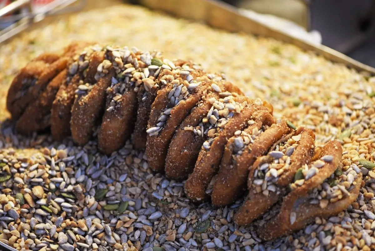 Split ssiat hotteok filled with seeds and nuts at BIFF Square in Busan