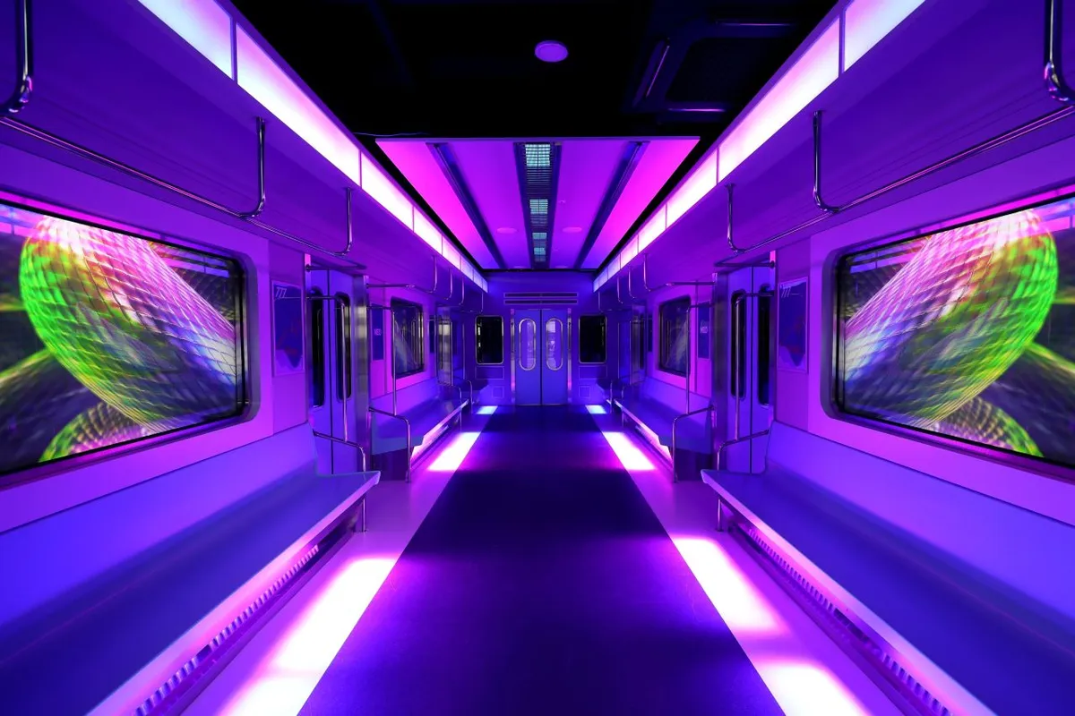 Purple-lit K-pop exhibition corridor at HiKR Ground in Seoul