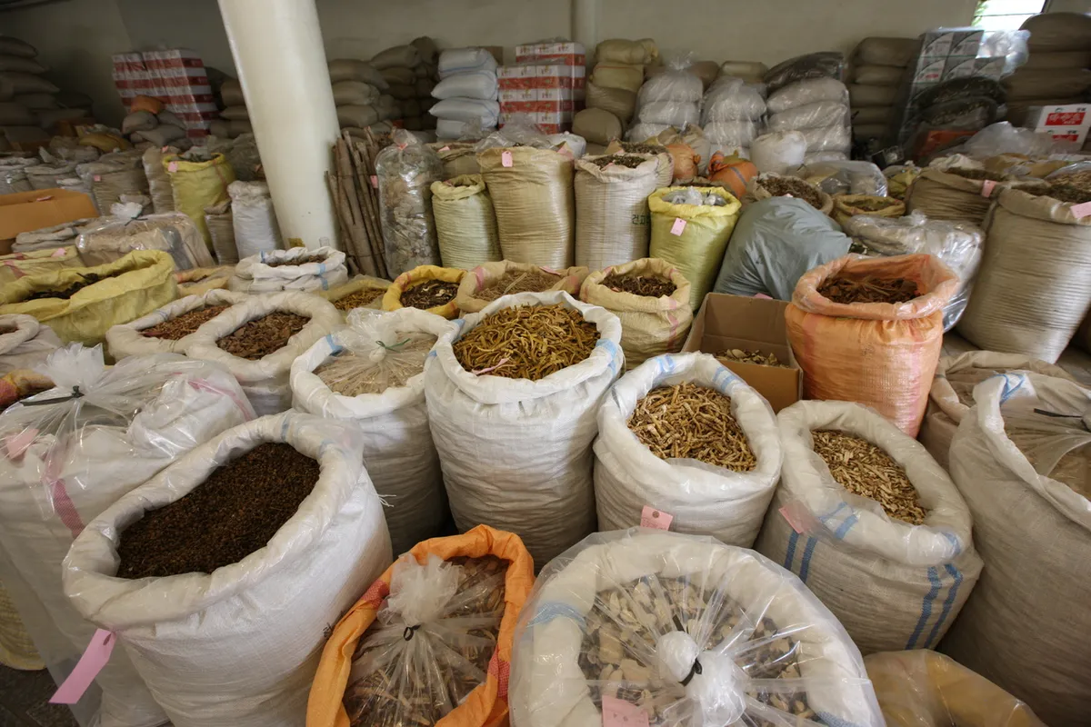 Traditional herbal medicine market scene near Daegu Yangnyeongsi Museum in the Daegu culture route
