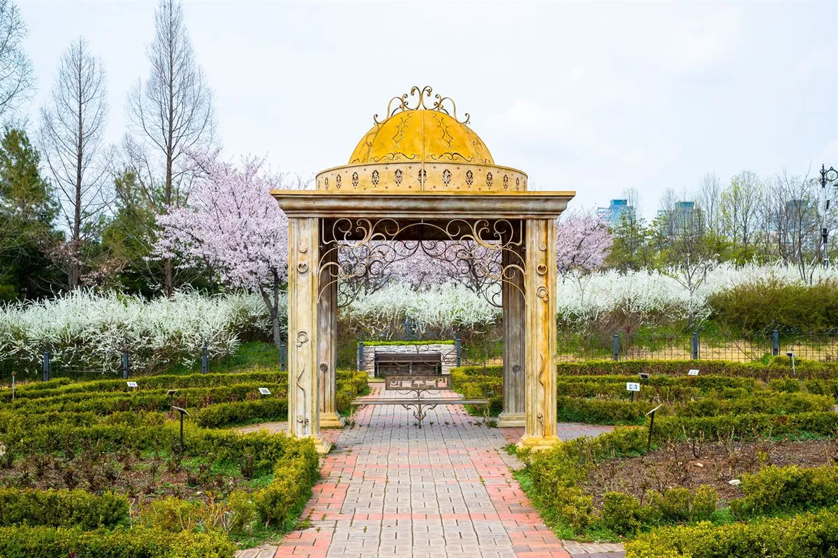 Pond and landscaped planting at Hanbat Arboretum in Daejeon