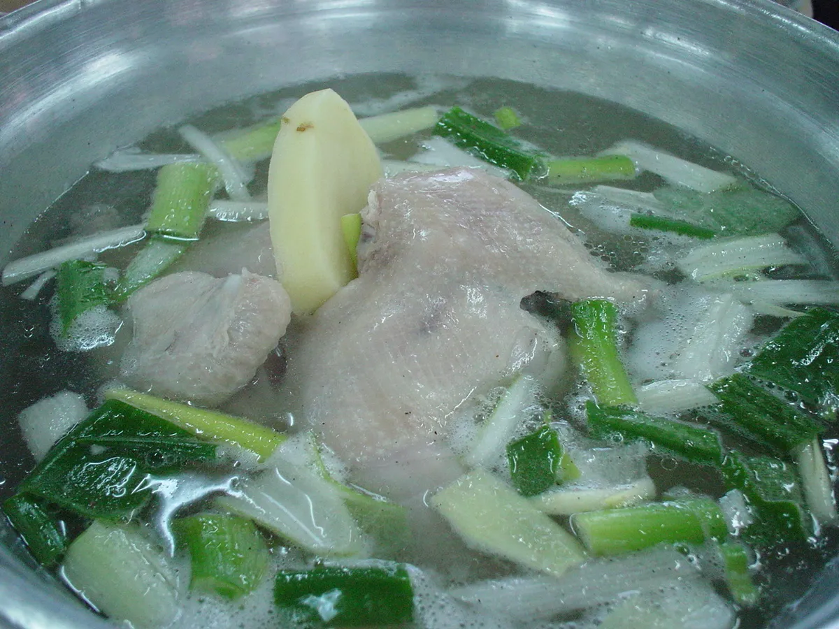 Close-up of dakhanmari with chicken and green onions in bubbling broth