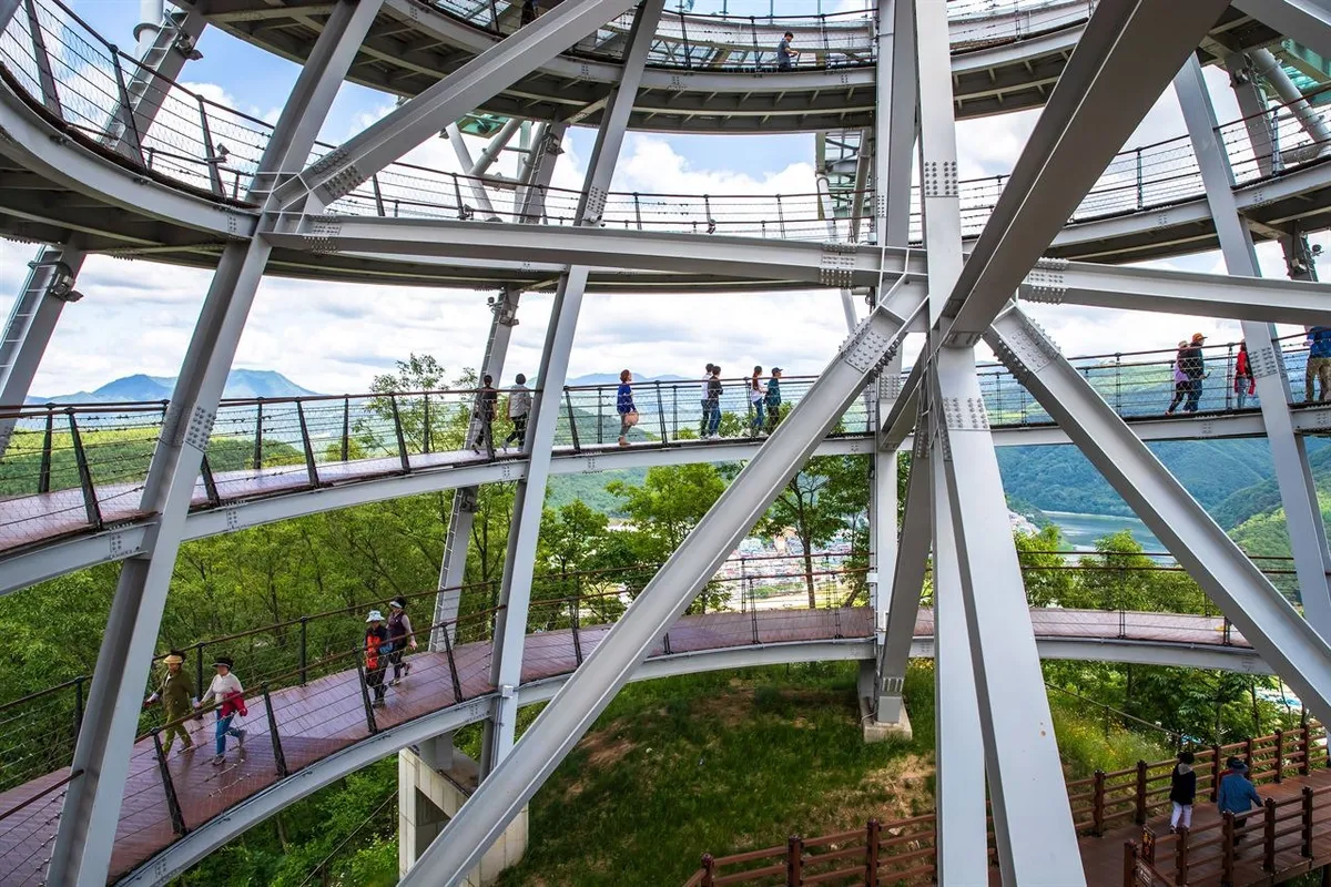 Spiral walkway inside Mancheonha Skywalk observation tower in Danyang