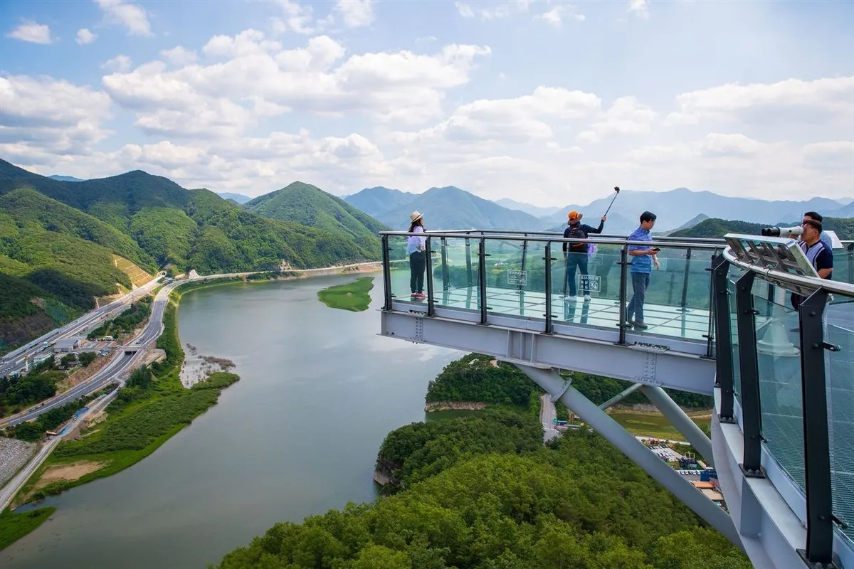 Glass observation deck overlooking the Namhangang River at Danyang Skywalk