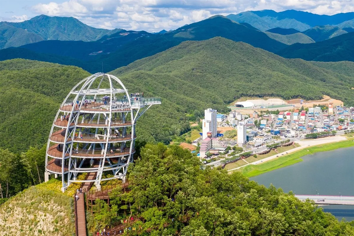Mancheonha Skywalk observation tower above the Namhangang River in Danyang