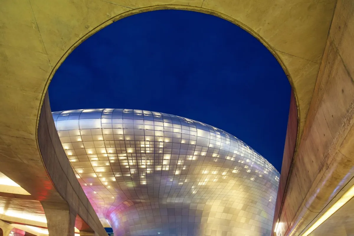 Illuminated facade of Dongdaemun Design Plaza framed by a curved opening at night