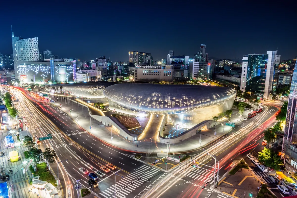 Dongdaemun Design Plaza at night near Dongdaemun shopping streets