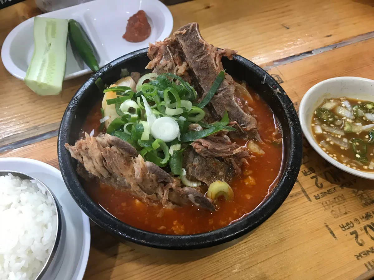 Red gamjatang broth with pork backbone and sliced green onion beside rice