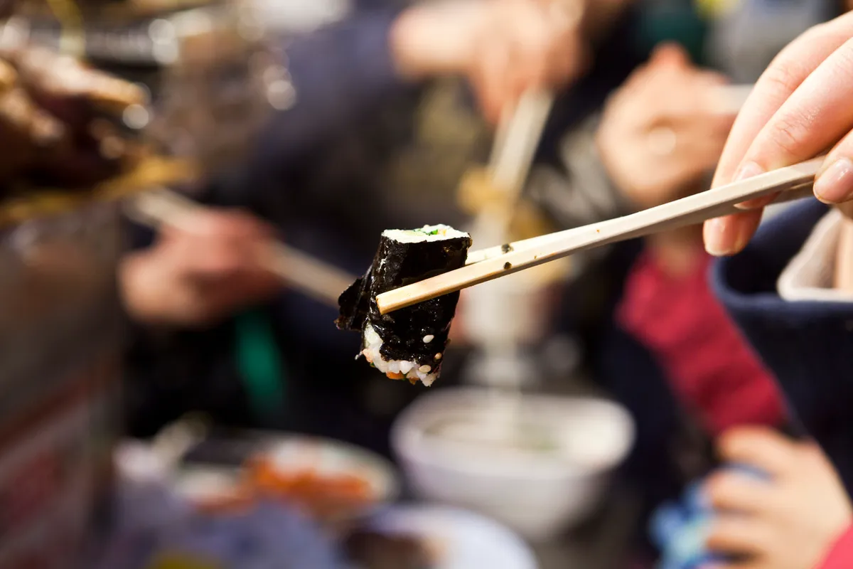 Small mayak gimbap rolls at Gwangjang Market in Seoul