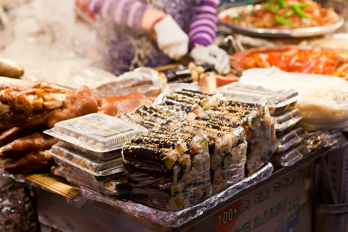 Small gimbap rolls prepared at Gwangjang Market food alley
