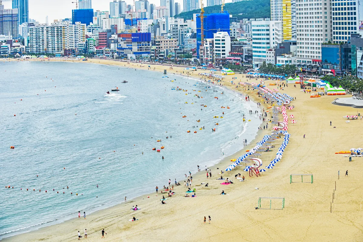 Gwangalli Beach and waterfront hotel district in Busan during summer