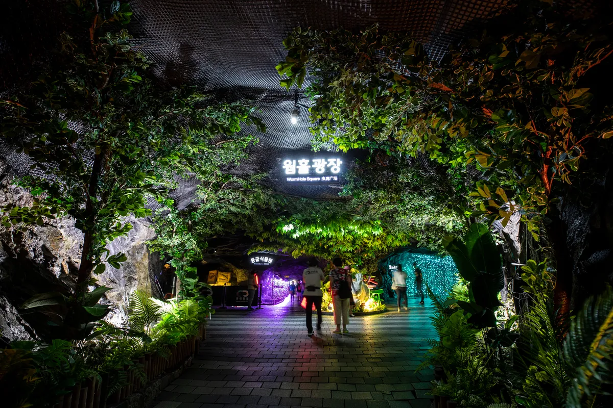 Wormhole Square sign and illuminated path inside Gwangmyeong Cave