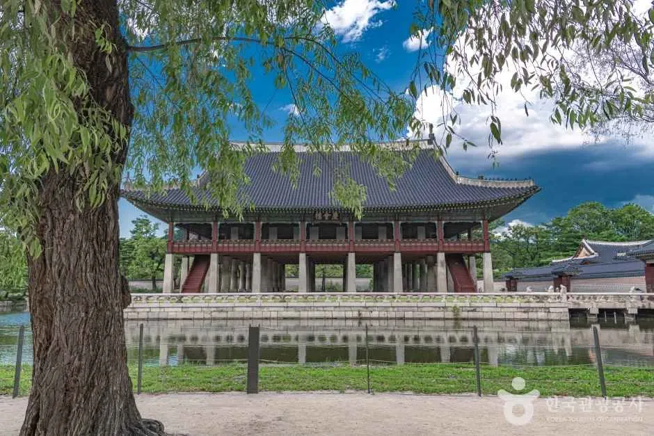 Gyeonghoeru Pavilion beside water and a willow tree at Gyeongbokgung Palace