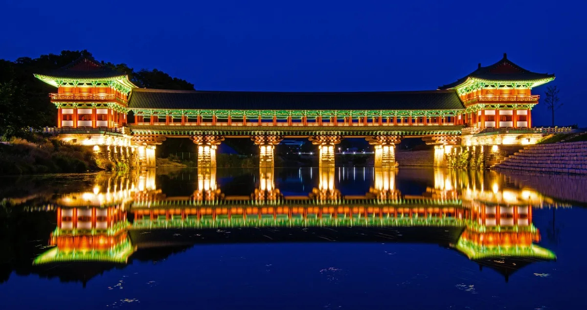 Woljeonggyo Bridge illuminated at night in Gyeongju