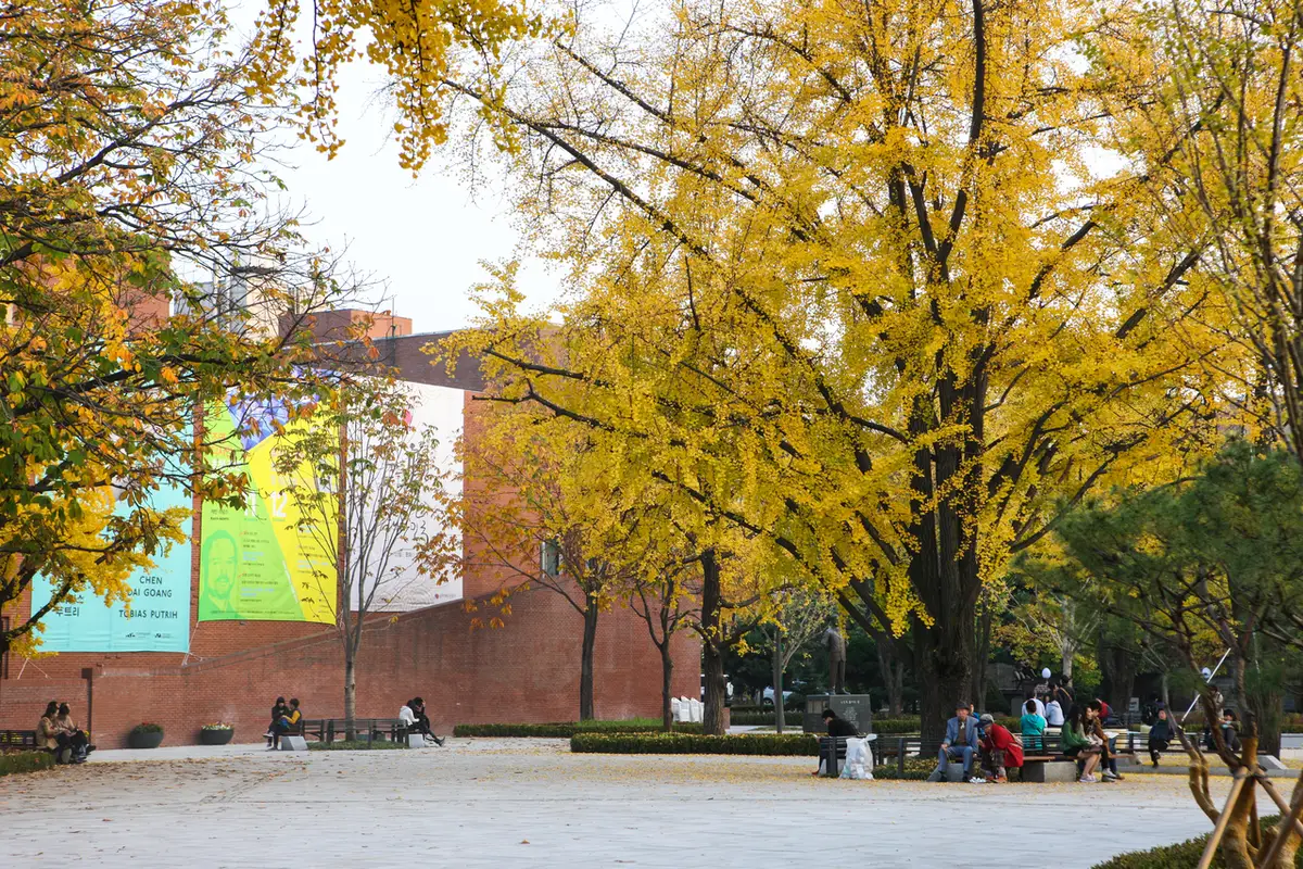 Red-brick building behind autumn trees beside Marronnier Park in Hyehwa