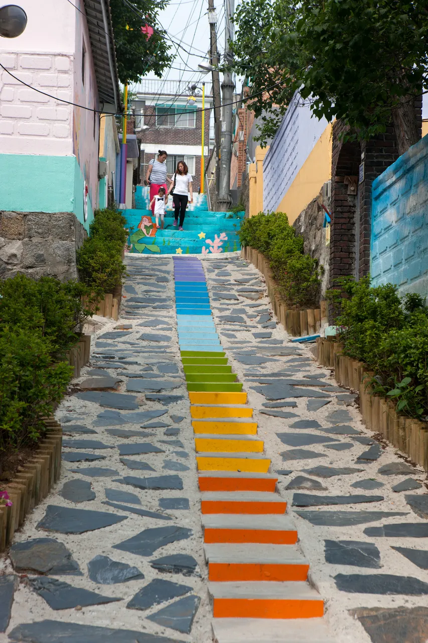 Mural-covered street wall in Songwol-dong Fairy Tale Village near Incheon Chinatown