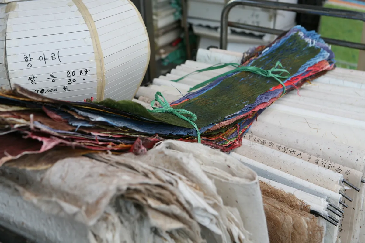 Stacks of hanji paper goods displayed for Insadong traditional souvenirs