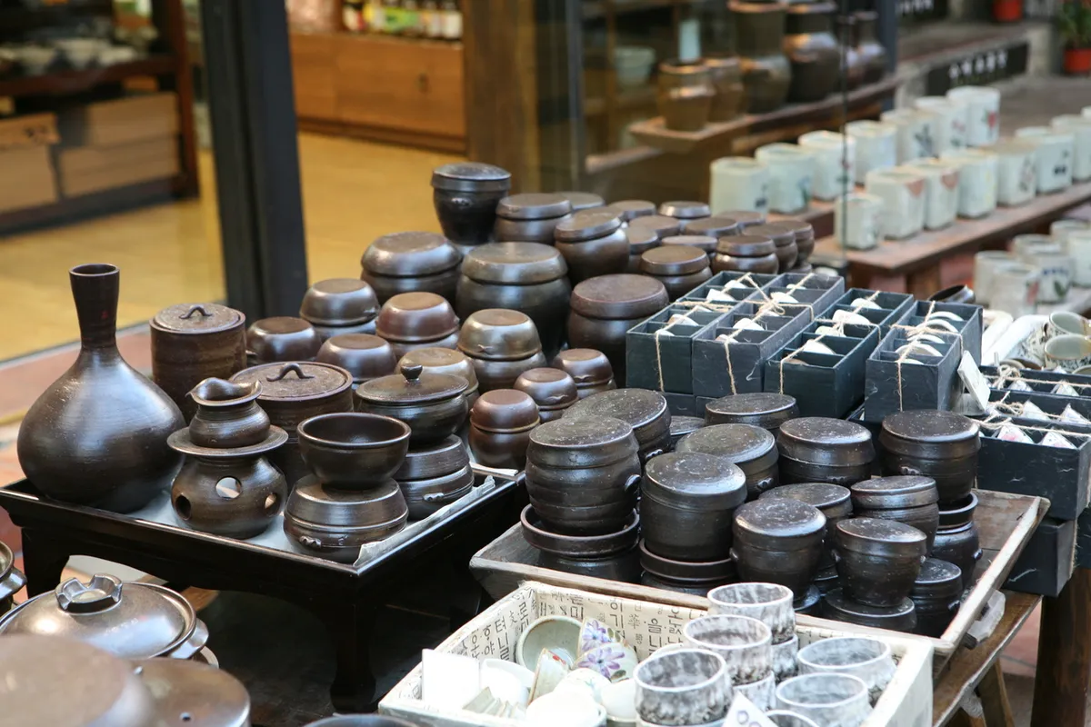 Ceramic bowls and pottery displayed in an Insadong shop for craft shopping