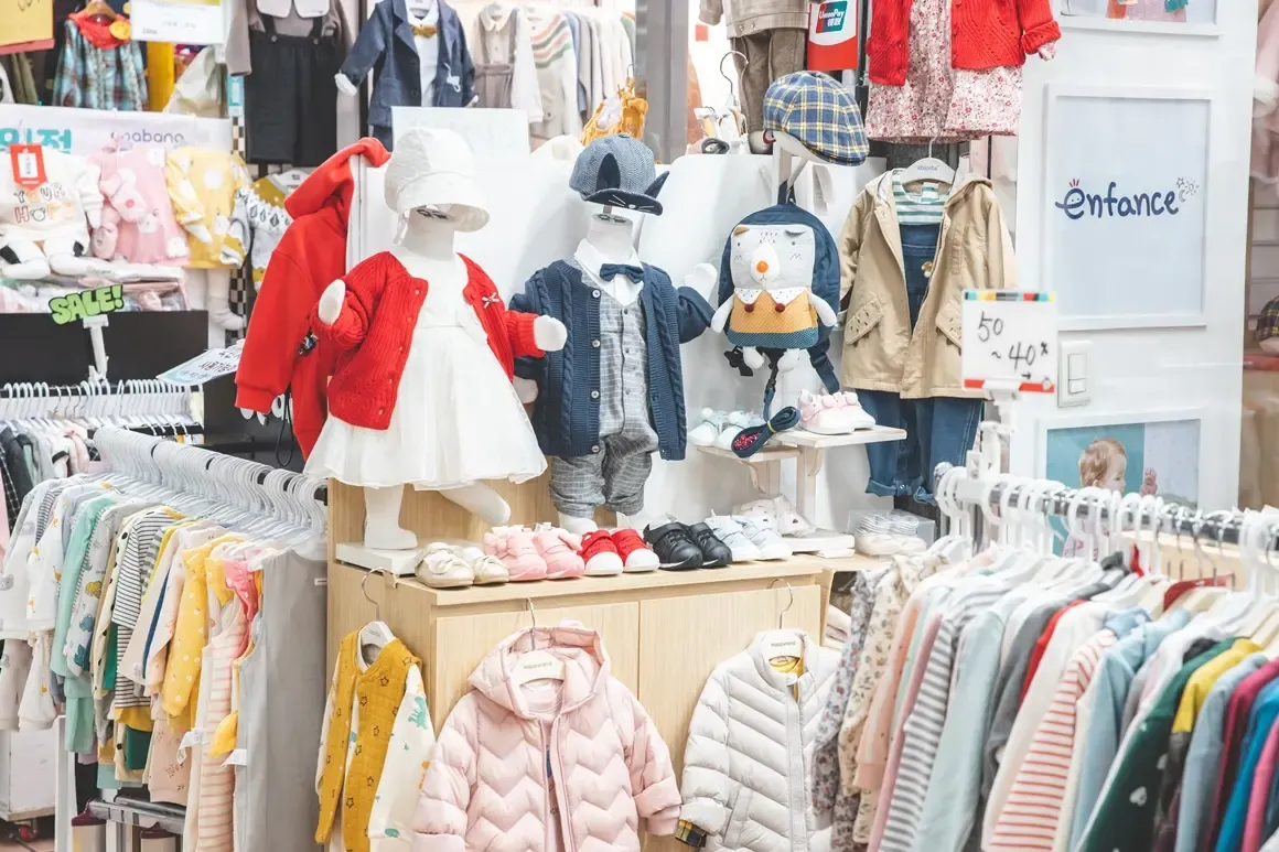Children’s coats and clothing displayed inside Jeju Jungang Underground Shopping Center