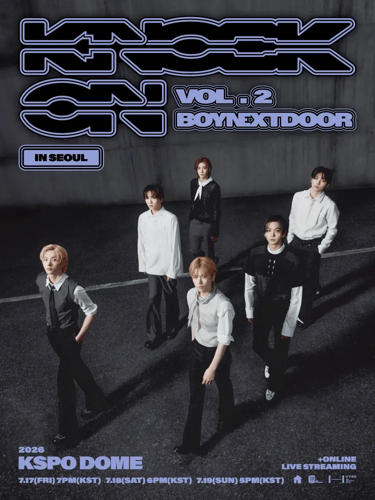 Official poster for BOYNEXTDOOR TOUR: KNOCK ON Vol.2 [서울] in the K-Pop Concerts in Korea July 2026 guide