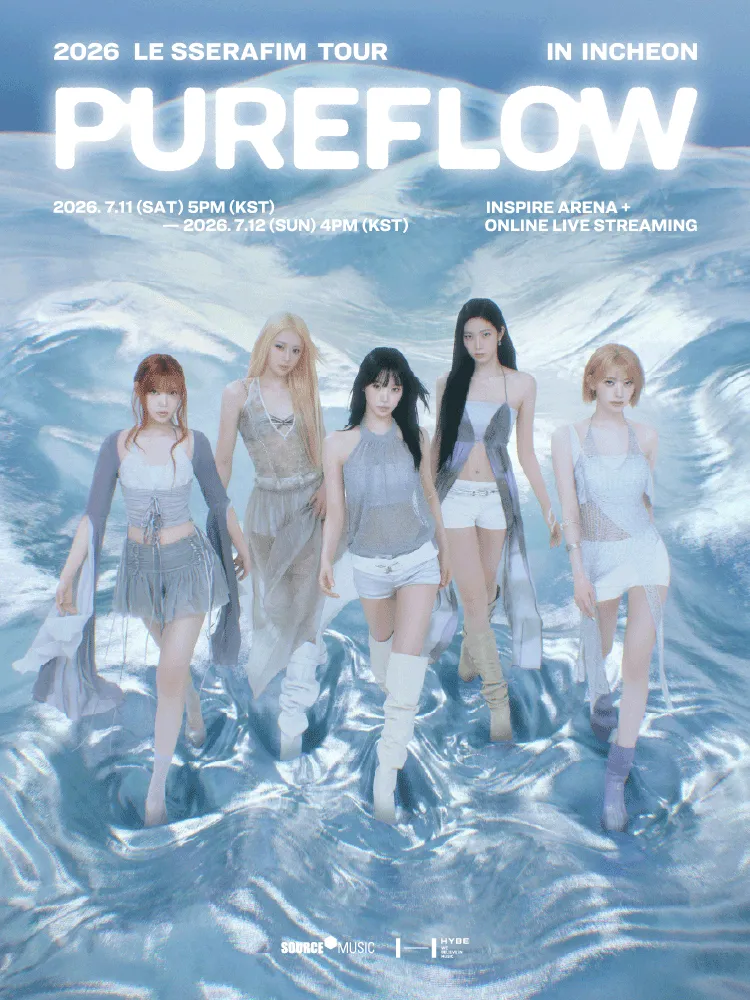 Official poster for LE SSERAFIM TOUR: PUREFLOW [인천] in the K-Pop Concerts in Korea July 2026 guide