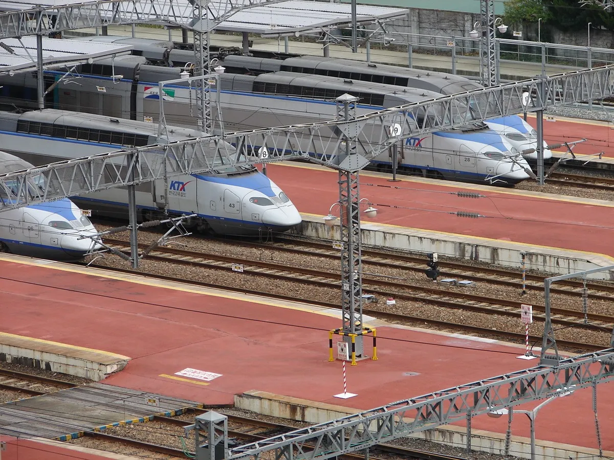 KTX trains beside platforms at Busan Station in a KORAIL Pass travel guide.