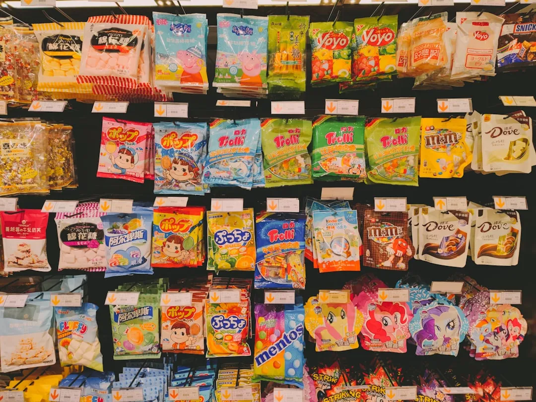 Packaged snack display in a store for a Korean convenience store food guide