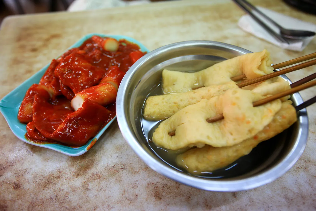 Korean street food stall with eomuk at Busan Gukje Market