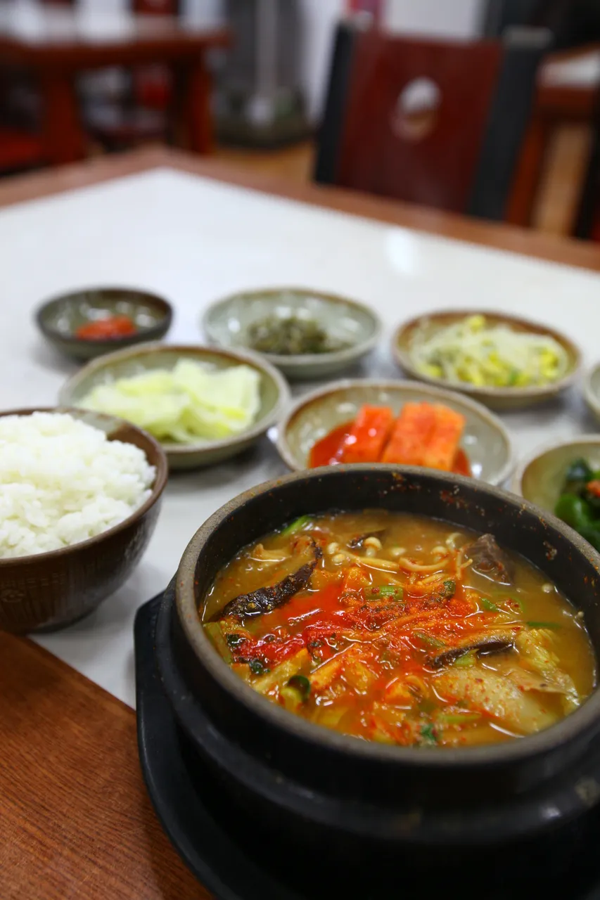 Doenjang-jjigae soybean paste stew served in a Korean meal