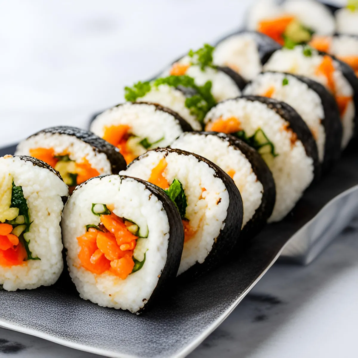 Gimbap rice rolls with seaweed and fillings for Korean food beginners