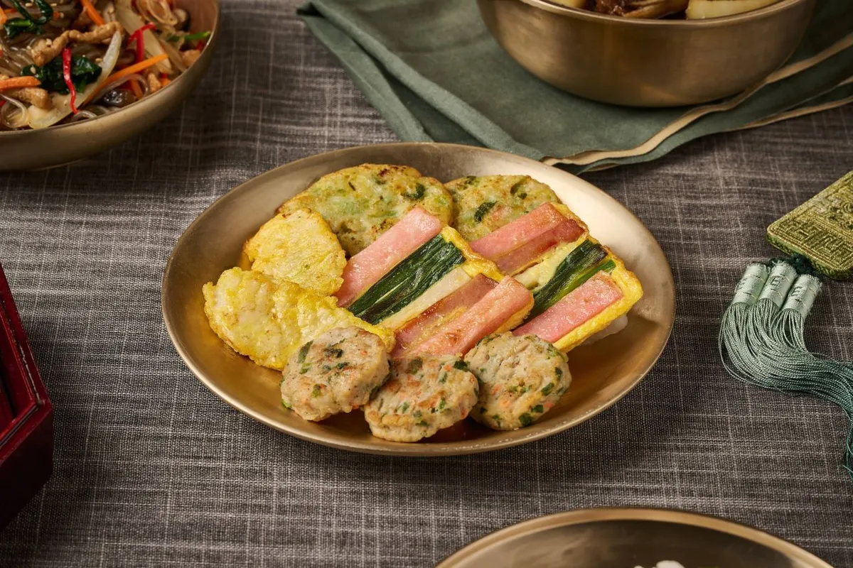 Modum-jeon platter with skewers and small pan-fried pieces for Korean Jeon Guide