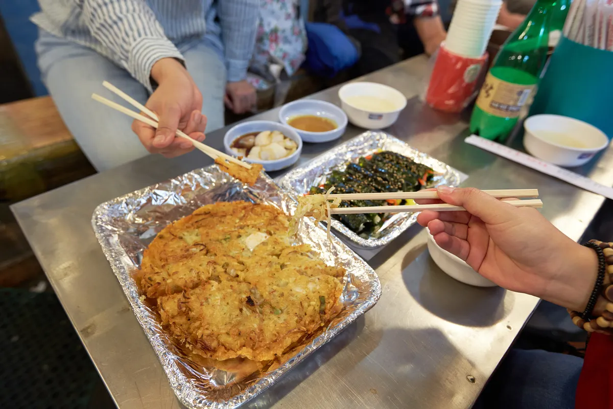 Bindaetteok served at Gwangjang Market for Korean Jeon Guide