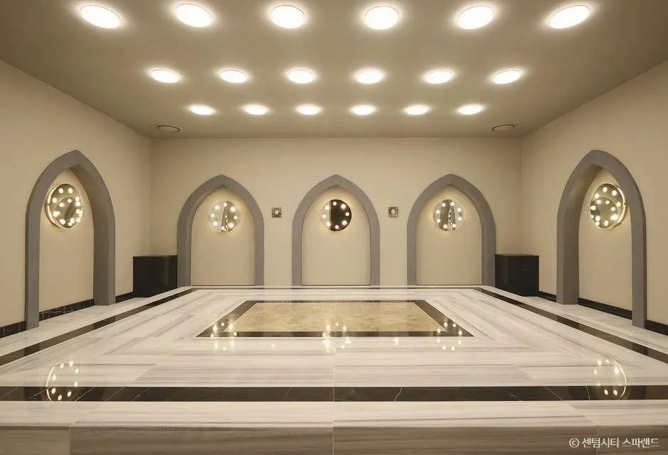 Empty heated sauna room inside Spaland Centum City Korean jjimjilbang