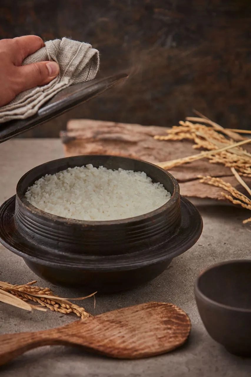 Dolsotbap stone pot rice served with side dishes in Korea