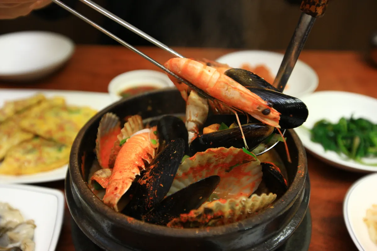 Haemultang Korean seafood stew served in a pot