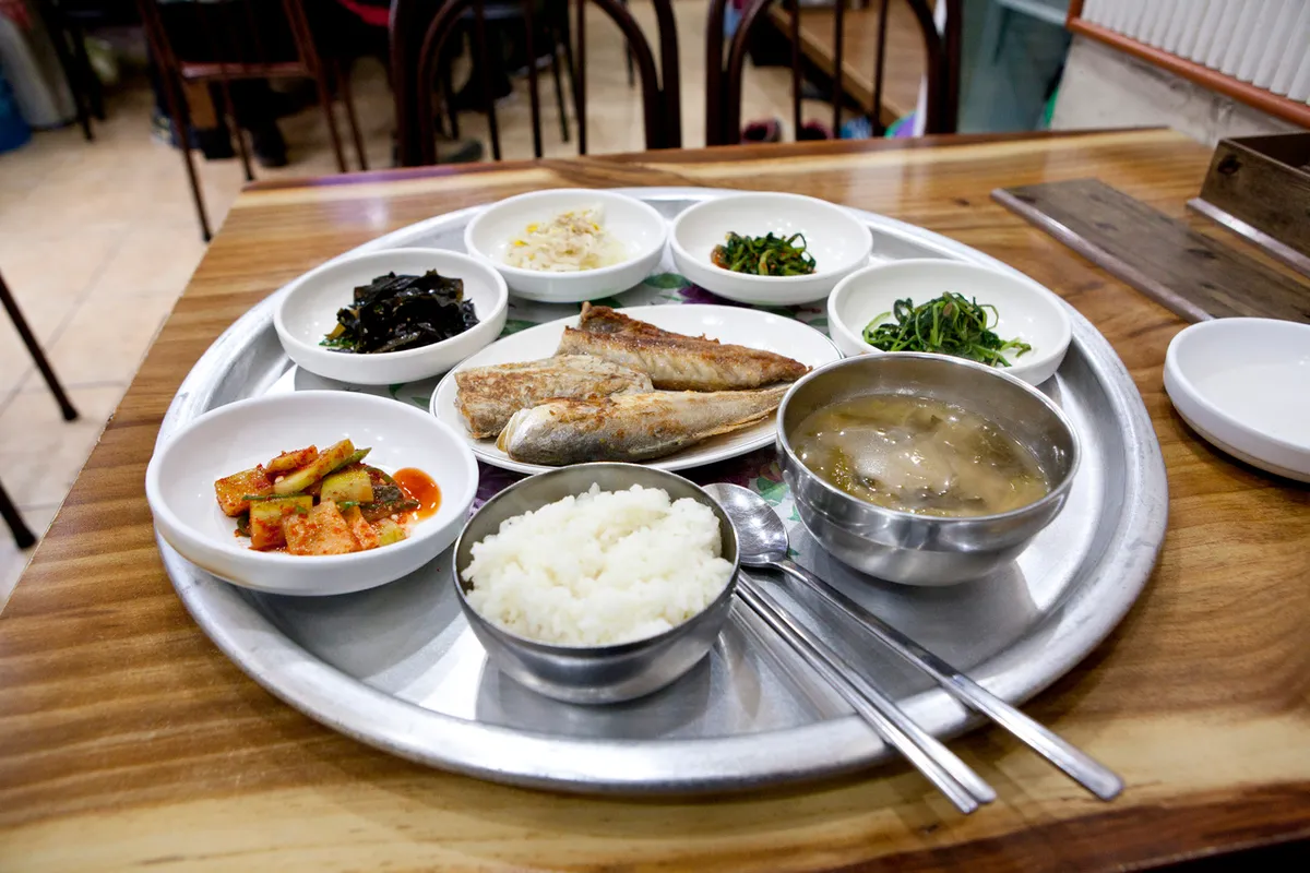 Fish Baekban set with rice soup grilled fish and side dishes