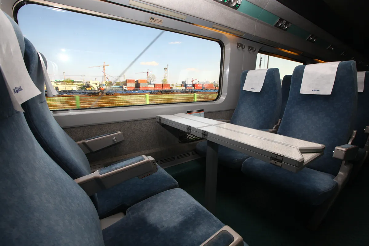 Side view of a KTX train for Korea rail travel guide