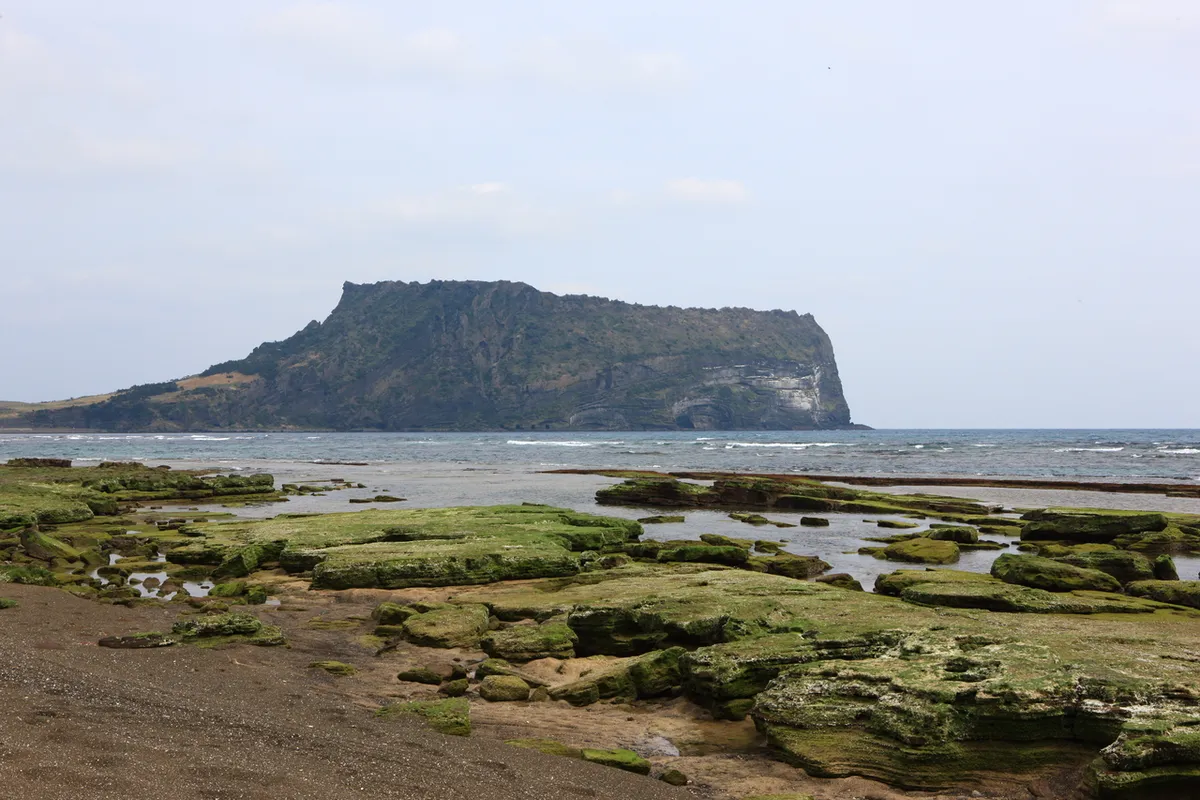 Coastal water and rock shelf below Seongsan Ilchulbong Sunrise Peak in Jeju