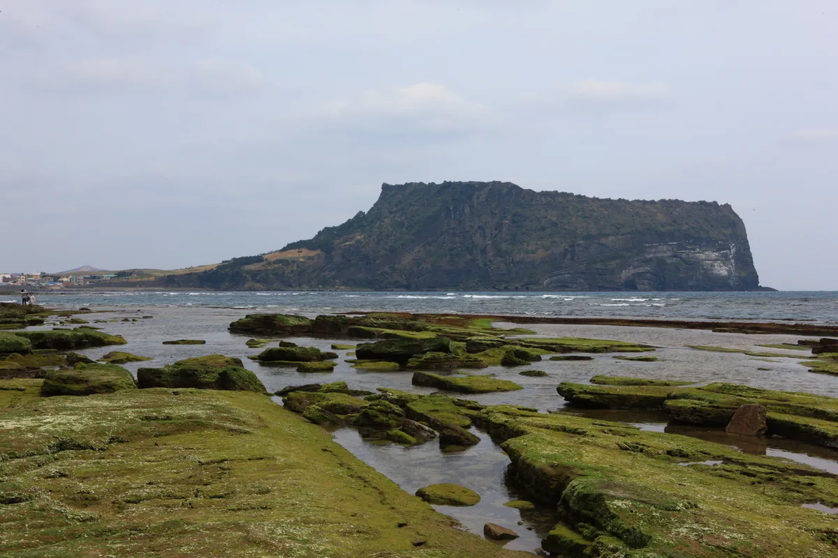 Seongsan Ilchulbong coastal landscape with shallow sea and rock platforms in Jeju