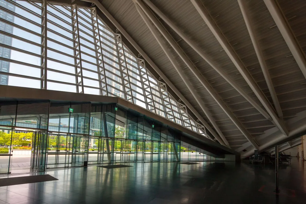 Interior concourse and glass entrance at Songdo Convensia in Incheon