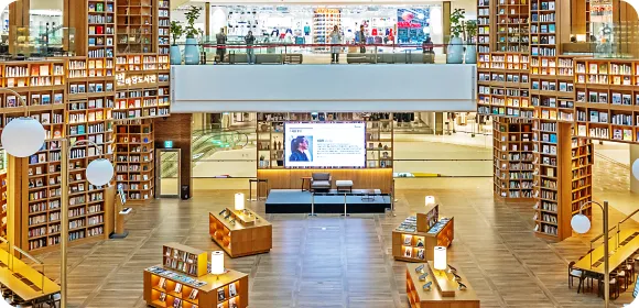 Indoor stage and book shelves at Byeolmadang Library in Starfield Suwon