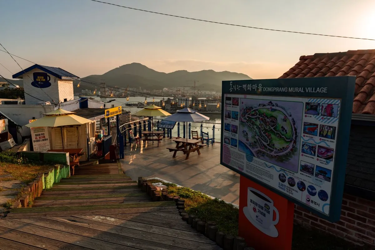 Hillside walkway and harbor view from Dongpirang Village in Tongyeong