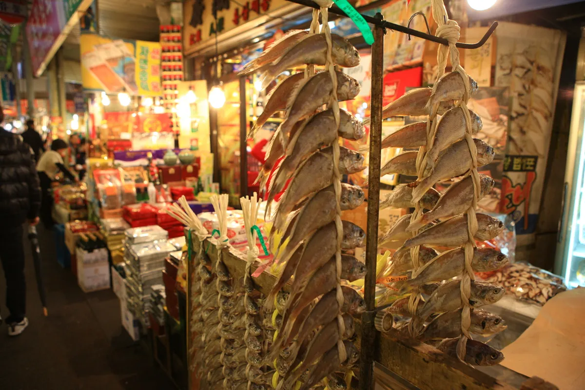Dried fish and market goods displayed in Gwangjang Market for Top 5 Korean Markets
